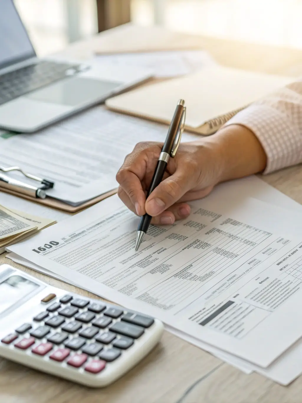 A close-up shot of tax forms being prepared, highlighting the tax preparation support offered by AJES Financial Services.