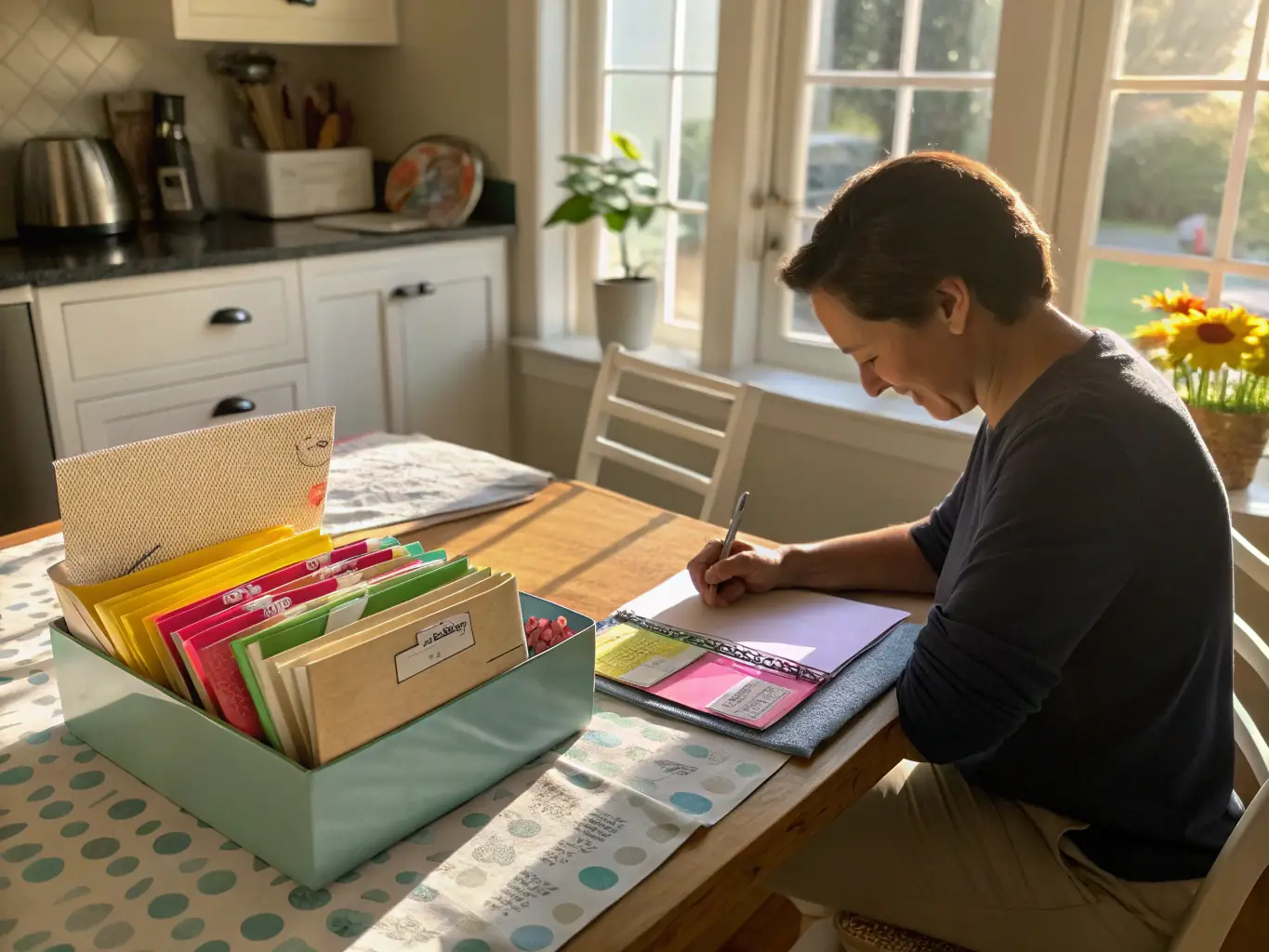 A person organizing receipts and financial documents into labeled folders, symbolizing meticulous bookkeeping practices.