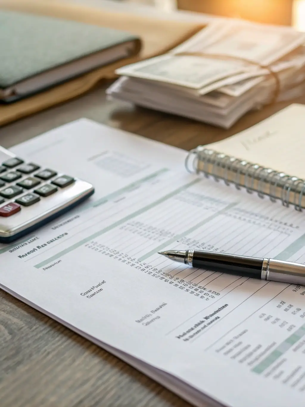 A professional organizing tax documents and financial statements on a desk, representing AJES Financial Services' tax preparation support.