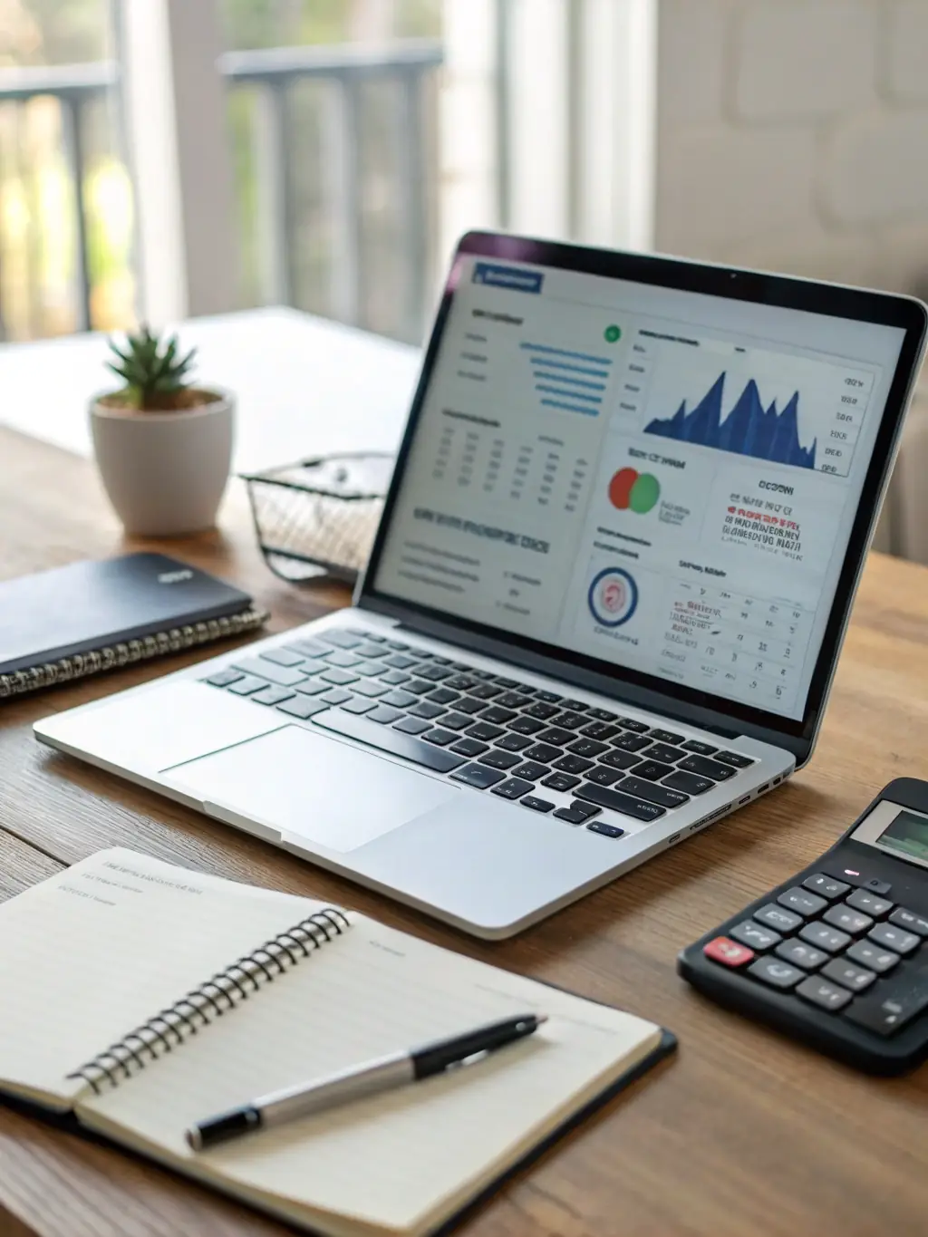 An organized workspace with financial files, receipts, and a laptop displaying financial software, representing AJES Financial Services' financial organization service.