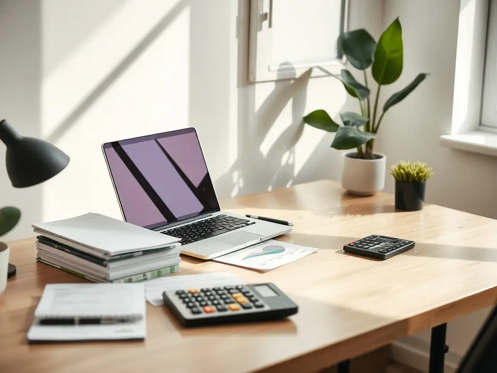 An image of a well-organized desk with financial documents, a calculator, and a laptop displaying a clear financial report, symbolizing accurate and organized bookkeeping services.